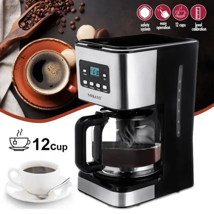 SOKANY Machine à Café 1.5 L 12 Tasses 950W - Goutte à Goutte Américaine Automatique - Cafetière Cappuccino 220V - Cadeau Noel Party