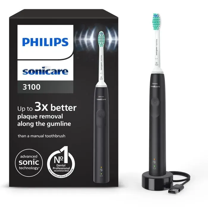 Sonicare 3100 Brosse à dents électrique sonique capteur de pression et minuterie noir modèle HX3671/14