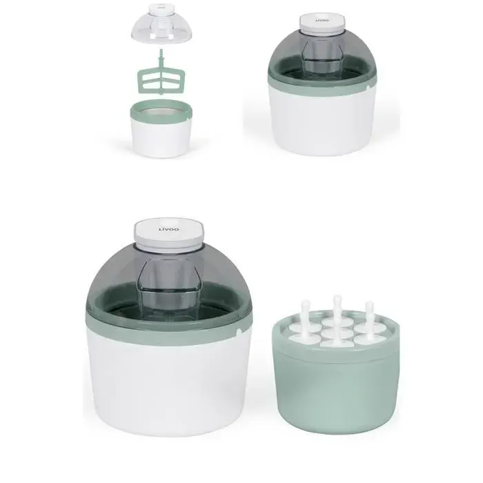 Sorbetière - Blanche/Verte - 12W - 1L - Cuve à accumulateur de froid - 7 Bâtonnets inclus