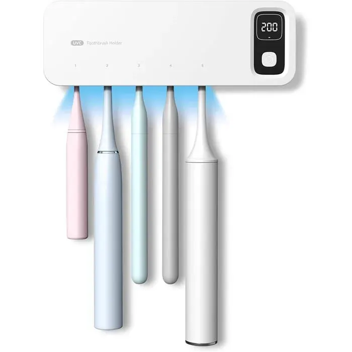 Stérilisateur brosses à dents UV rechargeable séchage ventilateur 5 fentes mural sans perçage famille Label