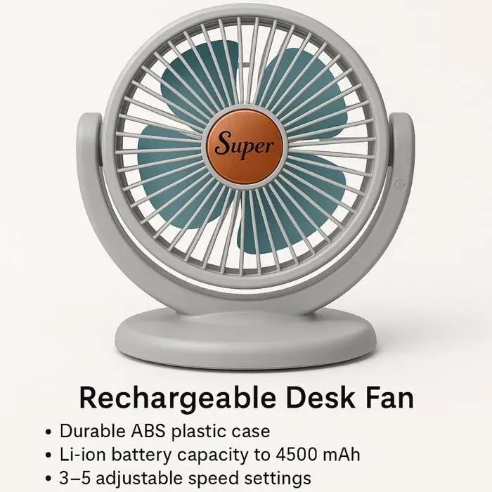 SUPER Mini Ventilateur de Bureau Portable USB Rechargeable - Batterie Li-ion 9h - 3 Vitesses Silencieux - Blanc/Turquoise — coloris Blanche