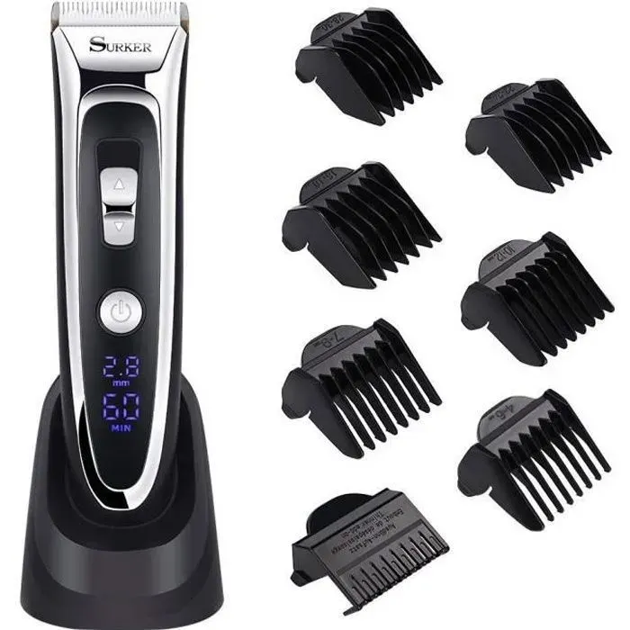 SURKER Tondeuse Cheveux Professionnelle Tondeuse Barbe Electrique avec Ecran LCD Sans Fil Rechargeable avec 7 Sabots pour