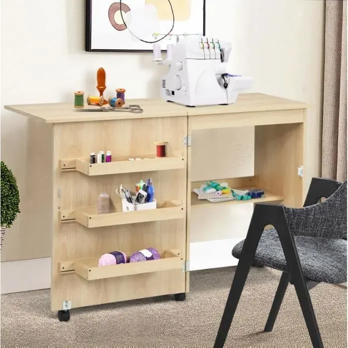 Table de Couture Pliante GIANTEX-Table de Machine à Coudre avec Étagères de Range-Bureau avec 5 Roulette(2 à Verrou)-Naturel Clair