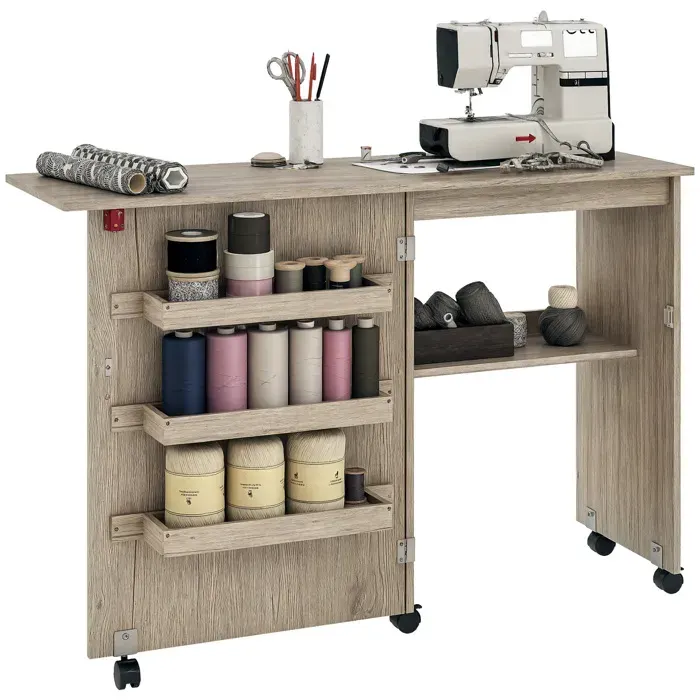 Table de couture pliante - HOMCOM - à abattant - bacs de rangement étagère ouverte et roulettes - 117x40x775cm - effet bois grisé