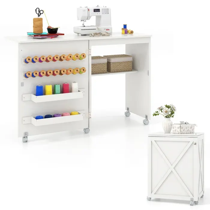 Table de Couture Pliante - RELAX4LIFE - Roulettes Verrouillables - Etagère de Rangement - Porte de Grange - Charge 60KG - Blanc