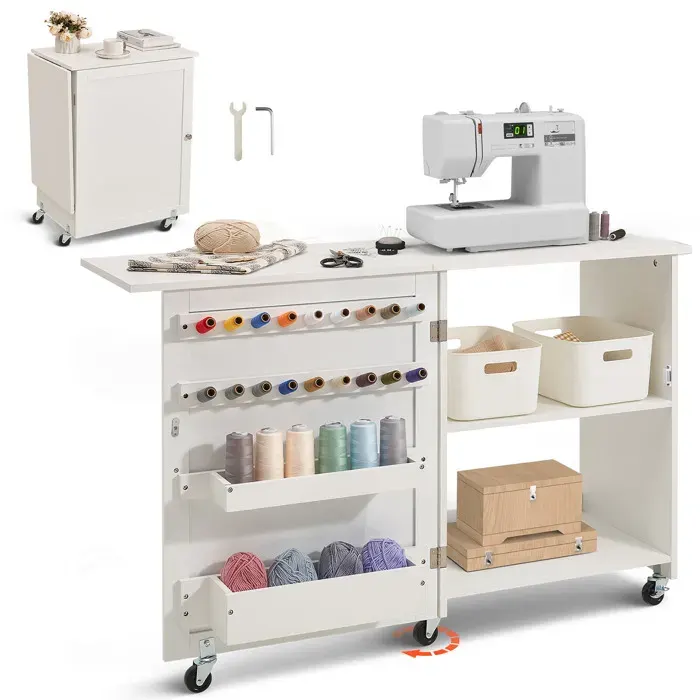Table de Couture Pliante-VEVOR-Table pour Machine à Coudre Polyvalente avec Design Compact Roulettes-Blanc