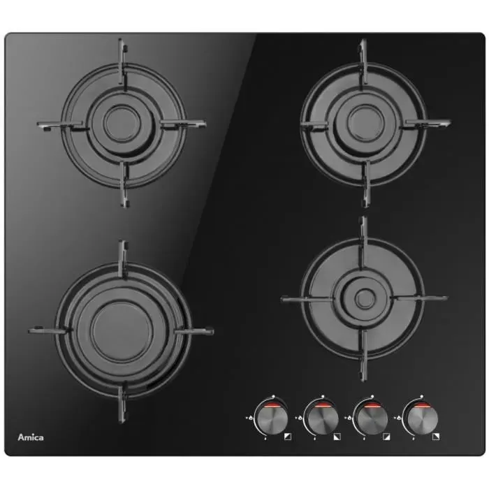 Table de cuisson à gaz - AMICA - Verre - 4 brûleurs - Noir - 59x52 cm