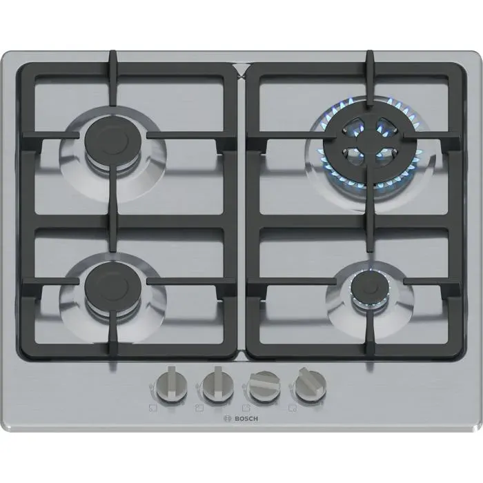 Table de cuisson gaz - Bosch - PGH6B5K90 - Brûleur Wok 33 kW - Grilles fonte - Inox 60 cm