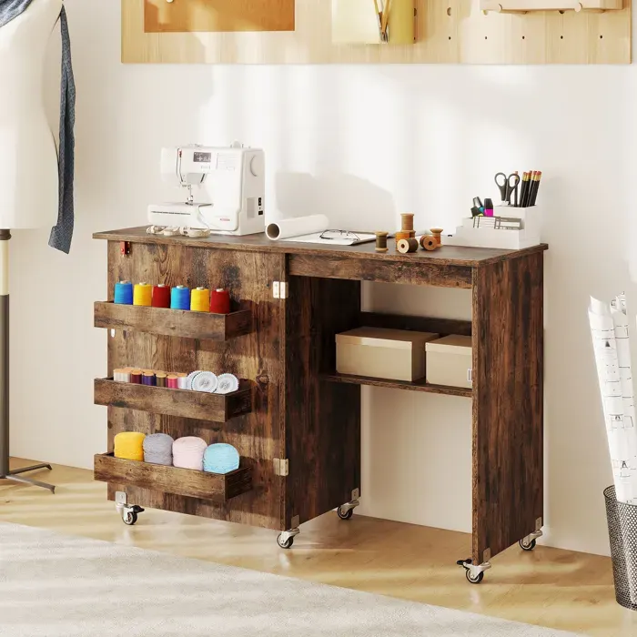 Table Machine à Coudre Pliante - RELAX4LIFE - 2 en 1 - 4 Etagères de Rangement - Roulettes avec Freins - 117X40X77CM - Industirel