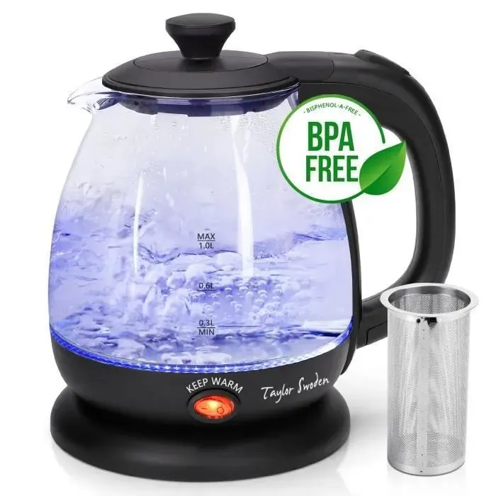 Taylor Swoden Abel - Bouilloire électrique 0% BPA de 1L et 2200W Bouilloire en verre avec protection contre l’ébullition à vide