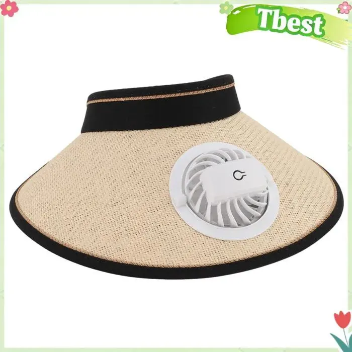 Tbest Chapeau de ventilateur Chapeau Ventilateur Réglable Large Rechargeable USB Plage Voyage Léger informatique pack Beige