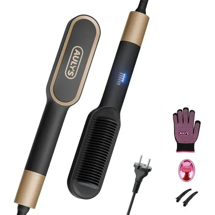 TECHTA Brosse Lissante Cheveux Peigne Chauffant Céramique 25s PTC 5 Températures 130-210°C Anti-Brûlure Lisseur Rapide - Or