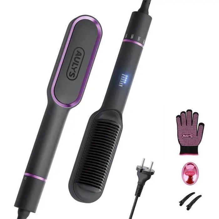 TECHTA Brosse Lissante Cheveux Peigne Chauffant Céramique 25s PTC 5 Températures 130-210°C Anti-Brûlure Lisseur Rapide