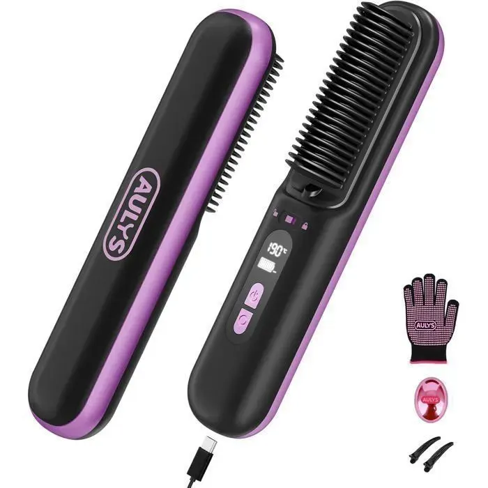 TECHTA Brosse Lissante Sans Fil Céramique 2400mAh 5 Températures Réglables Chauffage Rapide 25s Anti-Brûlure - Violet