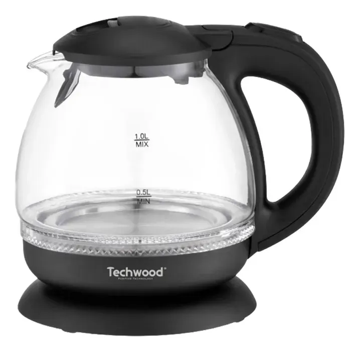 Techwood Bouilloire Électrique TB-1086V 1L Verre Noir Base Sans Fil 360° Résistance Inox Cachée 1650W Arrêt Automatique