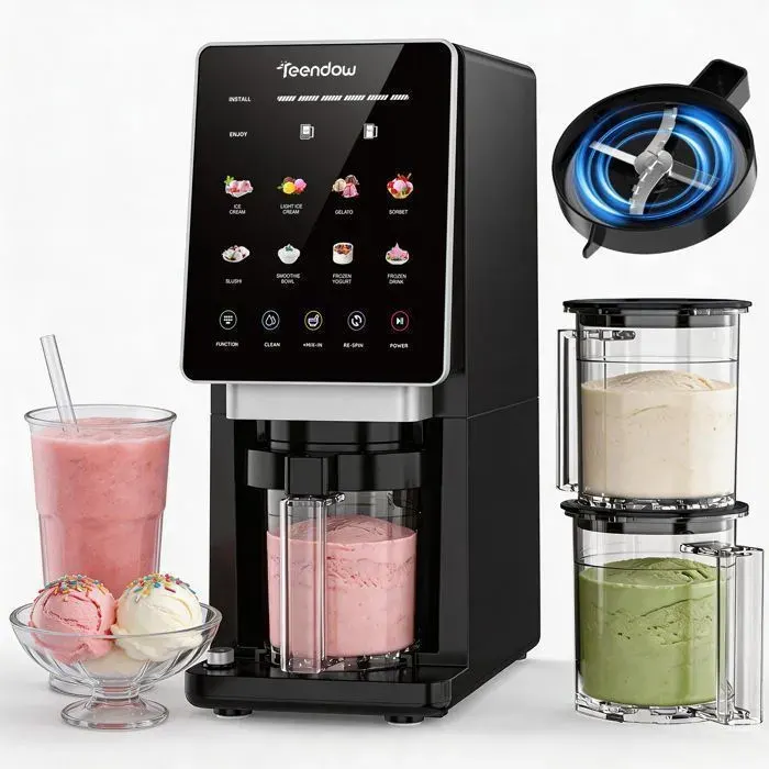 Teendow Machine à Glace Maison 8 Programmes Écran Tactile 3 Pots 500ml Silencieuse 45dB Autonettoyante - Noire
