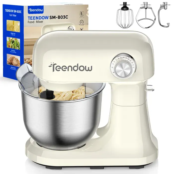 Teendow Robot Pâtissier 1500W Bol Inox 5L 12 Vitesses Tête Inclinable Pétrin/Fouet/Batteur Protection Surcharge - Blanc