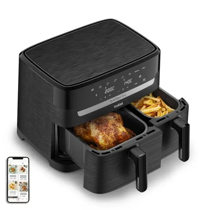 TEFAL Easy Fry Dual Friteuse sans huile Capacité 83 L 8 personnes 2 tiroirs 7 programmes Ecran tactile air fryer EY901N10