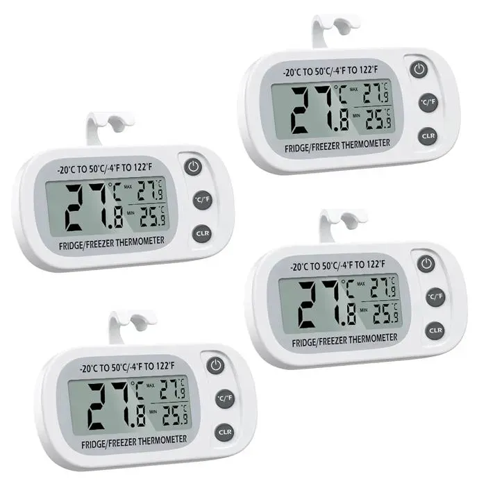 Thermomètre de réfrigérateur - Thermomètre de congélateur numérique avec crochet - 20 °C à 50 °C - Blanc - Lot de 4