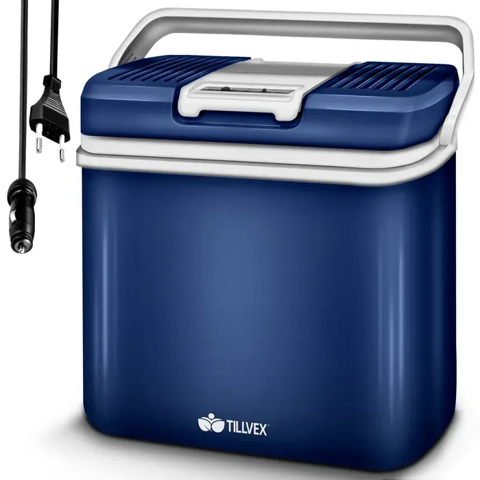 tillvex® Glacière électrique 24L Bleu Mini réfrigérateur 230V et 12V pour Voiture Camping Refroidit et réchauffe Mode ECO