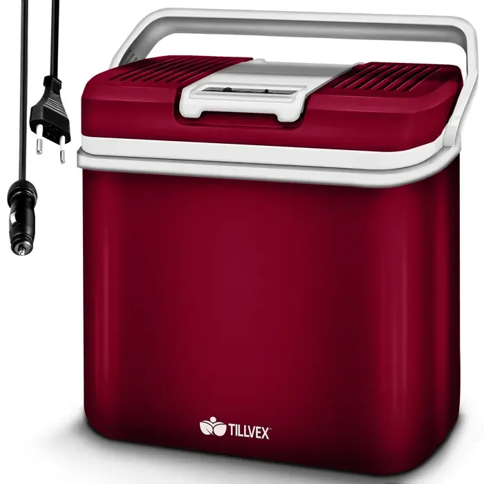 tillvex® Glacière électrique 24L Rouge Mini réfrigérateur 230V et 12V pour Voiture Camping Refroidit et réchauffe Mode ECO