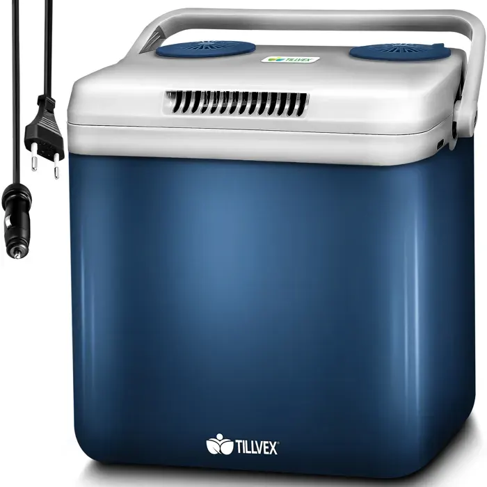 tillvex® Glacière électrique 32L Bleu Mini réfrigérateur 230V et 12V pour Voiture Camping Refroidit et réchauffe Mode ECO