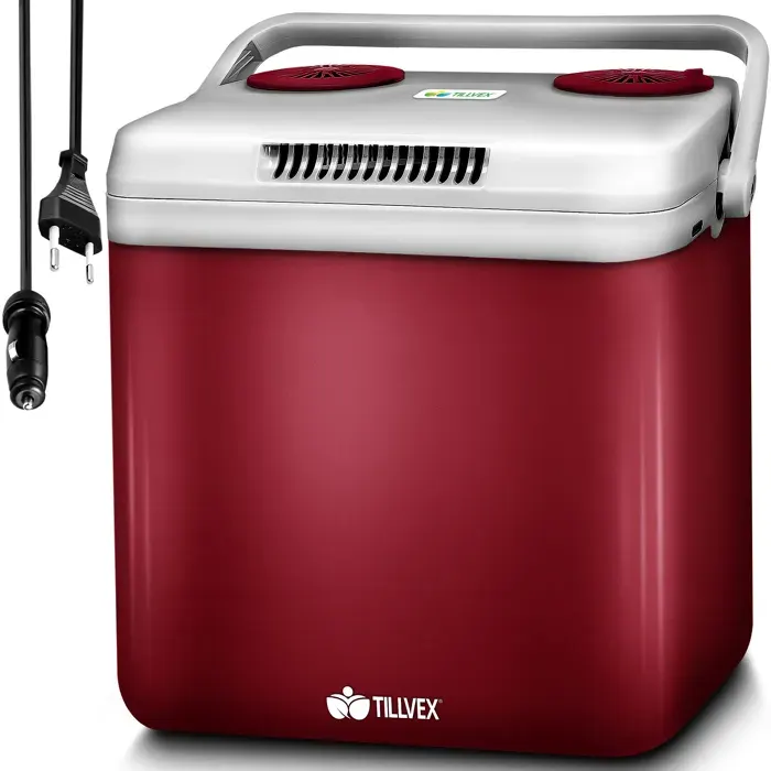 tillvex® Glacière électrique 32L Rouge Mini réfrigérateur 230V et 12V pour Voiture Camping Refroidit et réchauffe Mode ECO
