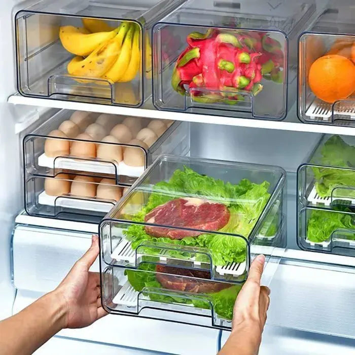 Tiroirs Réfrigérateur Empilables - Double couche transparent - Drainage organisateur frigo