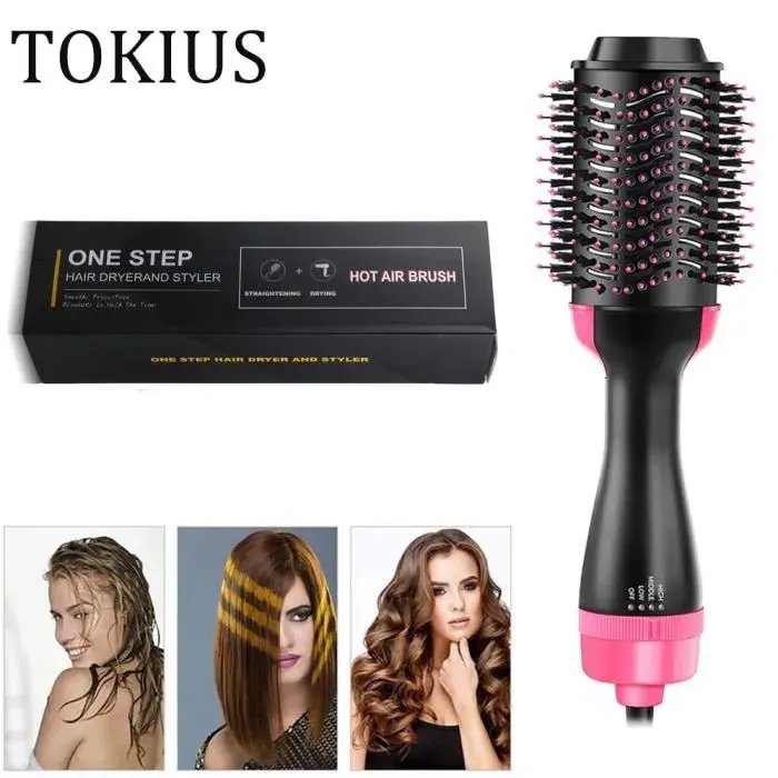 TOKIUS Brosse Chauffante Multifonctionnel 3 en 1 - Brosse Cheveux Brushing - Sèche-Cheveux Volumisant - Noir+Rose
