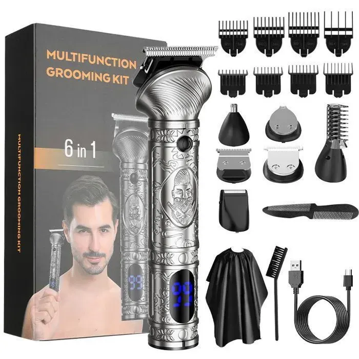 Tondeuse 6-en-1 cheveux et barbe EKESOR sans fil · LCD · DualCut · 120 min · tête lavable · gris · 8 peignes