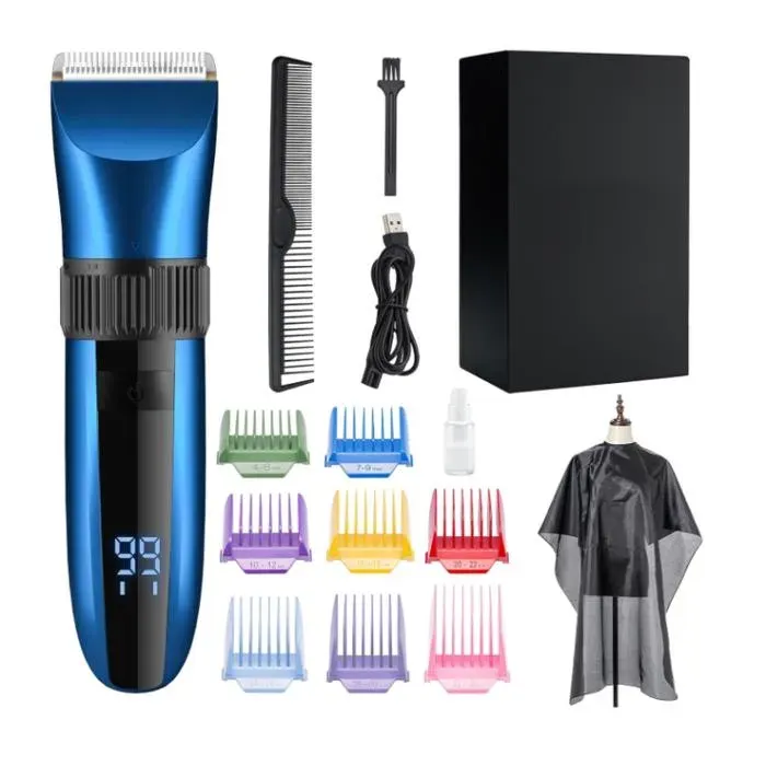 Tondeuse à barbe et à cheveux sans fil – Étanche avec lames en céramique écran LED charge rapide et peignes 8 couleurs QR-2082