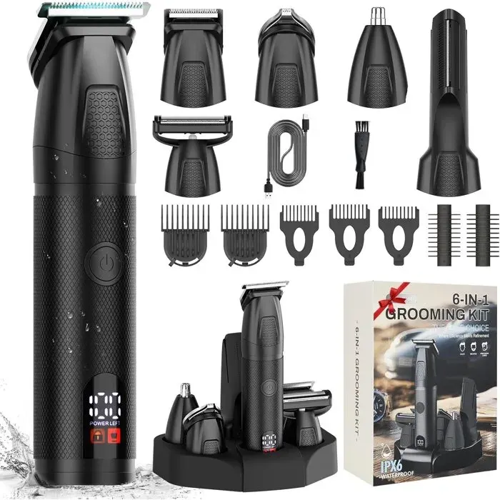 Tondeuse à barbe professionnelle - 6 en 1 - IPX6 - 1200 mAh - avec Écran LED - 7 Sabots Inclus Tondeuse Cheveux Rechargeable — coloris Noir