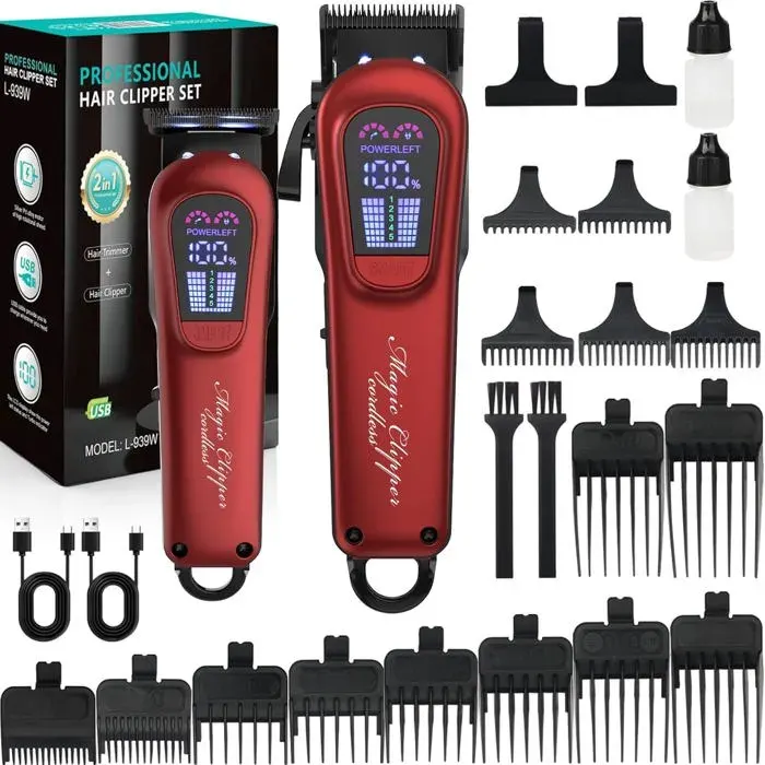 Tondeuse à cheveux professionnelle - ZOKKO - Kit rechargeable - Rouge - Lames en céramique - Écran LCD - Éclairage LED