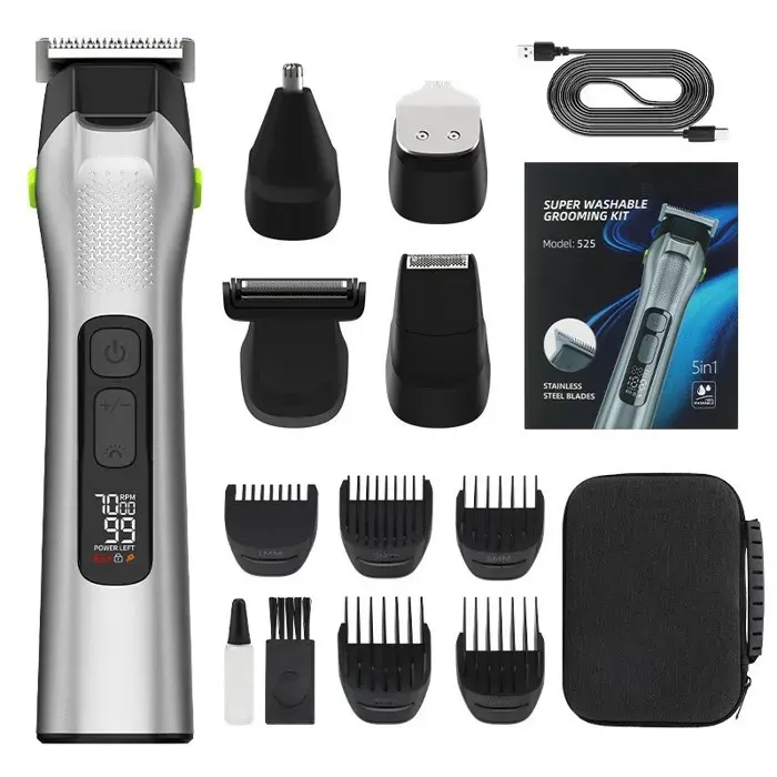 Tondeuse Barbe Homme 15 en 1 Kit Rasage Sans Fil IPX7 Étanche Tondeuse Corps Nez Oreilles Visage Autonomie 150 min