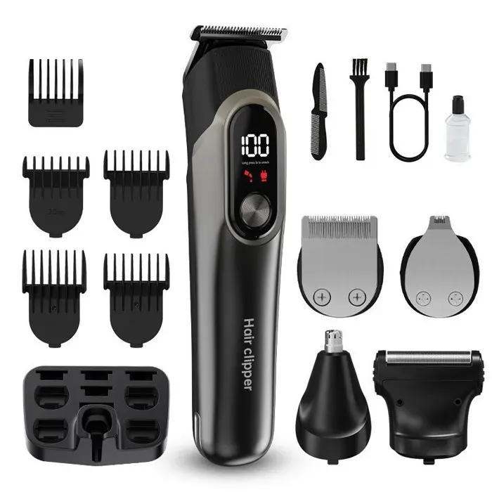 Tondeuse Barbe Homme 5 en 1 Sans Fil Kit Rasoir Corps Nez Oreilles Étanche Coupe Précis Barbe Cheveux Corps (Gris)