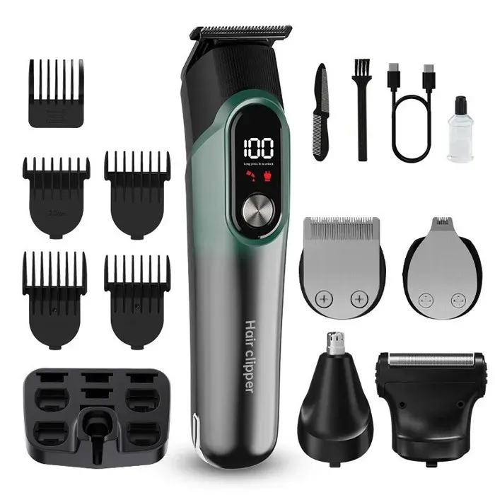 Tondeuse Barbe Homme 5 en 1 Sans Fil Kit Rasoir Corps Nez Oreilles Étanche Coupe Précis Barbe Cheveux Corps (Vert)