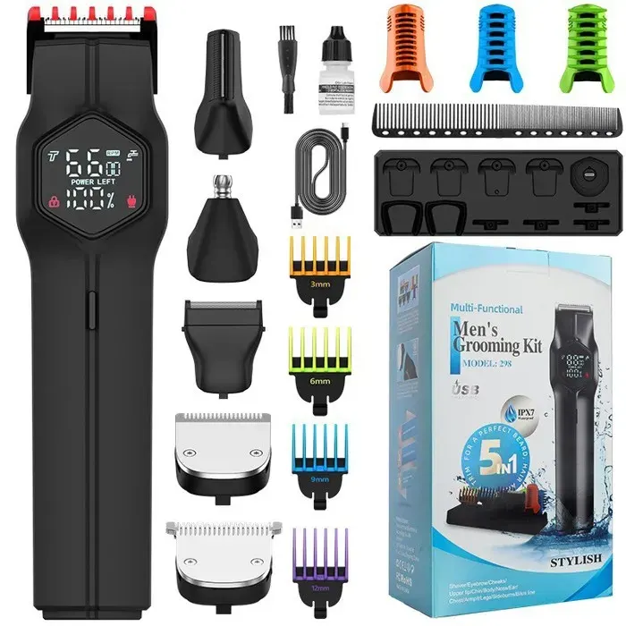 Tondeuse Barbe Homme Kit Rasoir Électrique Étanche Sans Fil Tondeuse Cheveux Nez Réglable Grooming Kit