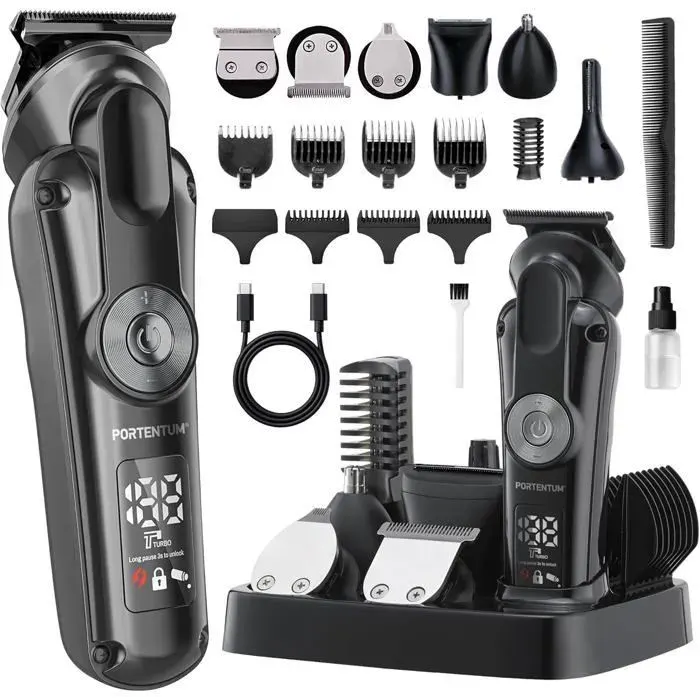 Tondeuse Barbe Homme - PORTENTUM - HT-1 - 6 Têtes - 7 Sabots - USB-C — coloris Noire
