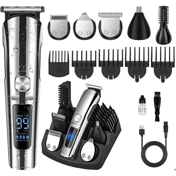 Tondeuse Cheveux et Barbe Professionnelle Homme sans Fils Tondeuse Cheveux Rechargeable Etanche avec 6 Tête de Rasage et 5 Sabots