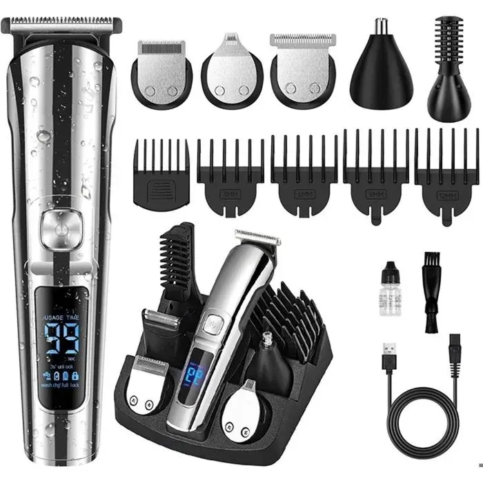Tondeuse Cheveux et Barbe Professionnelle Homme sans Fils Tondeuse Cheveux Rechargeable Etanche avec 6 Tête de Rasage et 5 .