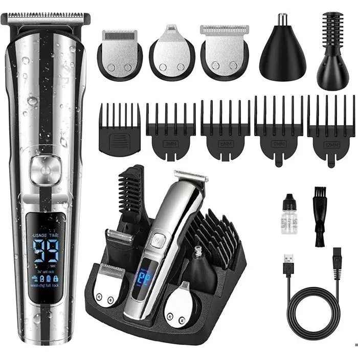Tondeuse Cheveux et Barbe Professionnelle Homme sans Fils Tondeuse Cheveux Rechargeable Etanche avec 6 Tête de Rasage et 5 Sabots
