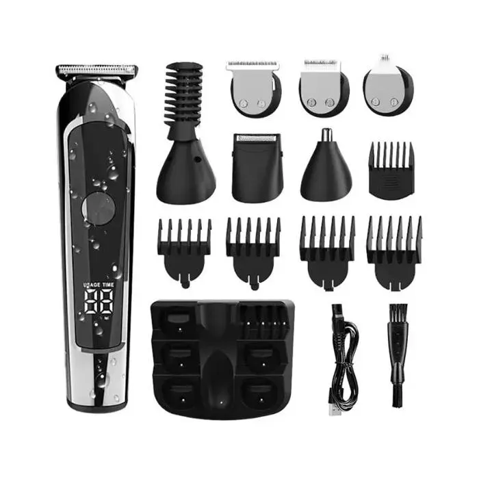 Tondeuse Cheveux Homme 6-en-1 Barbe Nez Oreilles Rasoir Étanche Peignes Guide Écran LED Rechargeable USB