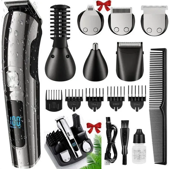 Tondeuse Cheveux Hommes 11en1 Tondeuse Barbe Professionnel 8900tr/min USB Rasoir Électrique LCD IPX6 Tondeuse Corps Précision Nez