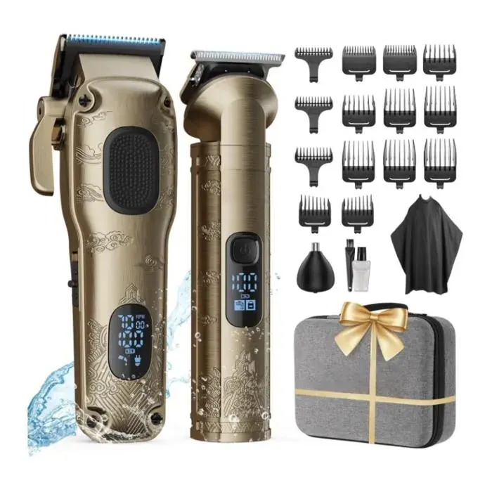 Tondeuse Cheveux Hommes ProfessionnelleKit Tondeuse et T-lames TrimmerTondeuse Électrique pour Homme avec Boîte dEmballage(Glod