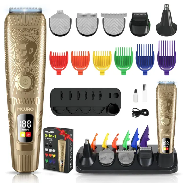 Tondeuse cheveux multifonction 5 en 1 Sans Fil Rechargeable USB - Rasoir hommes LED - Tondeuse à nez - Avec 6 Sabots et Support