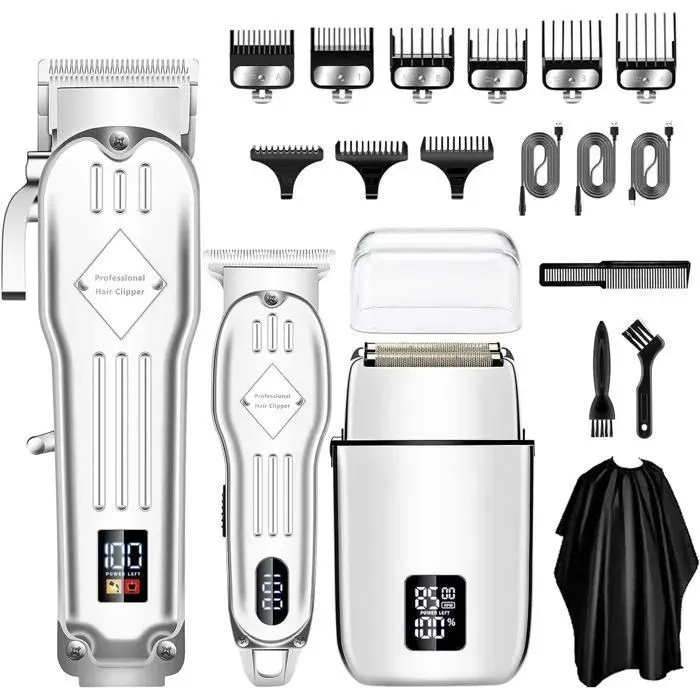 Tondeuse Cheveux Professionnelle avec Écran LED Sabots 9 pièces et Rasoir Inclus Sans Fil Rechargeable - pour la fête des pères