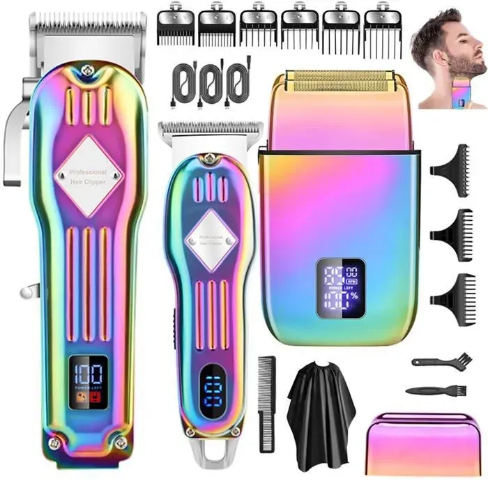 Tondeuse Cheveux Professionnelle Kit Rasoir Électrique Barbe Corps Rechargeable Sans Fil Écran LED Dégradé de Couleurs 3 Pièces