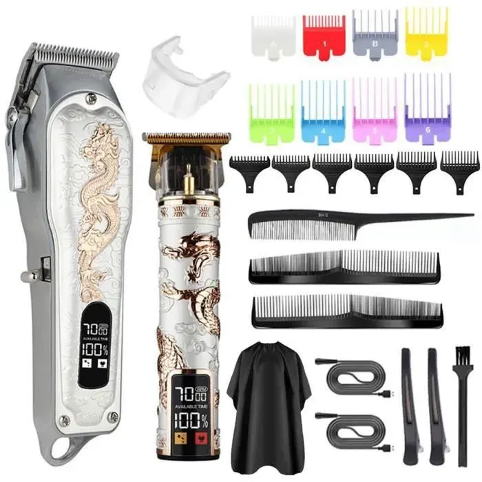 Tondeuse Cheveux Sans Fil Professionnelle Tondeuse Barbe Electrique avec Ecran LED 14 Peignes de Guidage Blancs