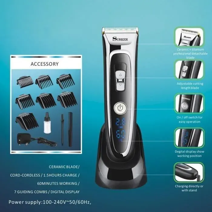 Tondeuse cheveux - T&T - SURKER - Sans fil rechargeable - Lames céramique titane - 6 peignes 08-28mm