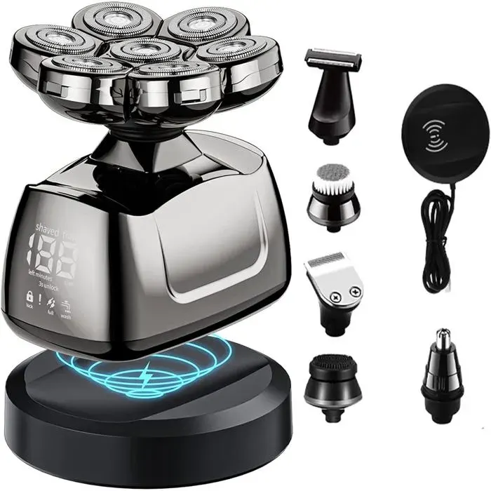 ®TONLRGY Rasoir électrique pour hommes rasoir 6 en 1 avec 7 têtes rotatives écran LED et chargeur sans fil.